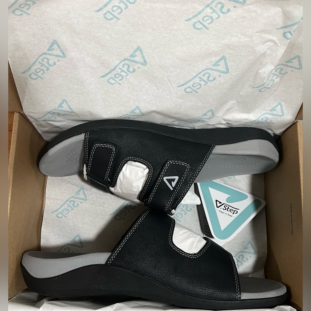 V Step Orthopedic Slides Womens Size 10 Mens 9 Black Adjustable Arch Support New - Picture 7 of 7